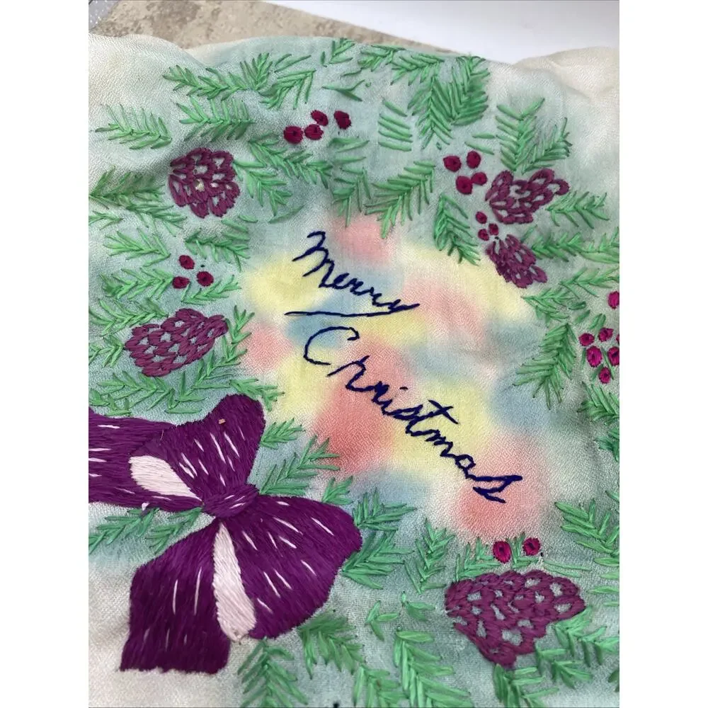 Antique Handmade Embroidered Christmas Scarf 27”X 27” Multicolored